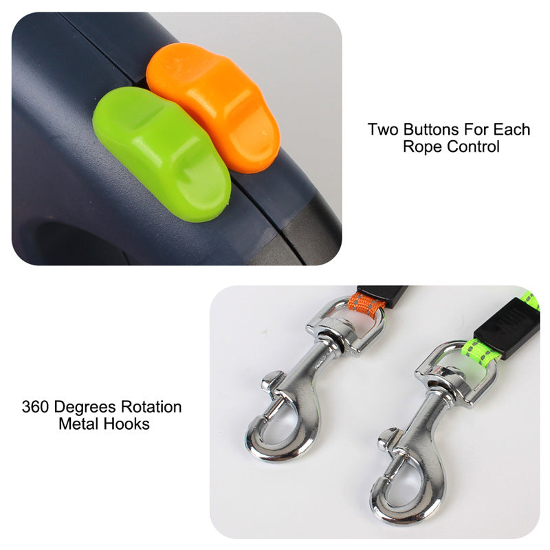 Retractable Dual Dog Leash for Small Dogs – No Tangle, LED Light, 360° Swivel