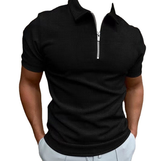 Men’s Slim Fit Summer Zipper Polo – Short Sleeve Stripe Lapel Shirt