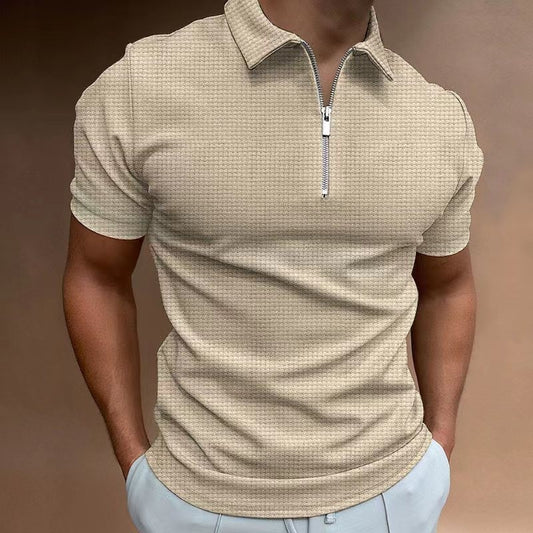 Men’s Slim Fit Summer Zipper Polo – Short Sleeve Stripe Lapel Shirt