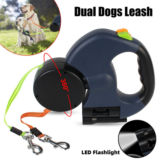 Retractable Dual Dog Leash for Small Dogs – No Tangle, LED Light, 360° Swivel