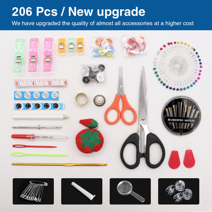 206Pcs Portable Sewing Kit Home Travel Case Needles Thread Scissors Set Box